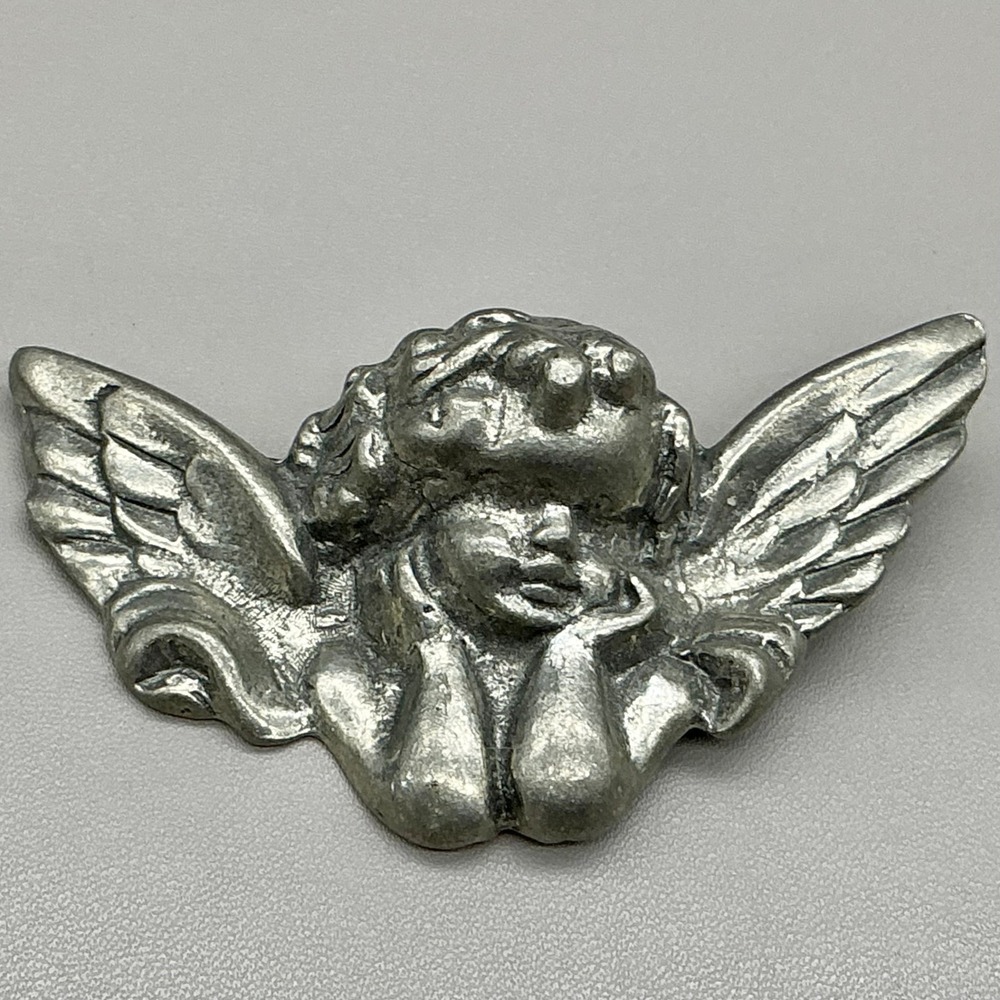 Angel Cherub Brooch Pin Women Silver Tone Pewter Style Vintage Winged Celestial